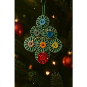 Whimsical Handmade Yo-Yo Christmas Tree Ornament Button Decor Green Red